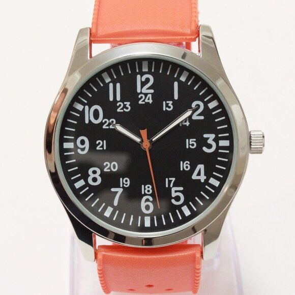 Men's Quartz Field Watch Silver Case Orange Tropical Rubber Strap 42mm - Picture 6 of 15